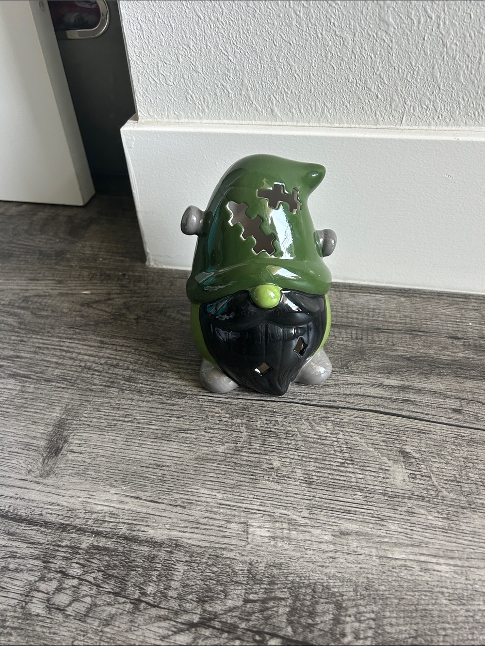Green Ceramic Gnome Figurine with Black Beard - Decorative light up